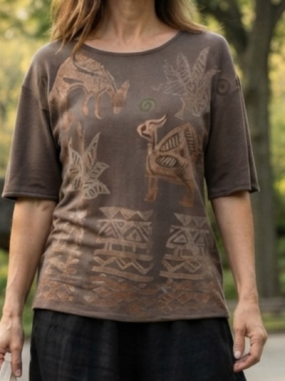 Vintage Las Cafa Tribal Desert Animal Graphic Tee Top Brown OS (fits L) Neutral